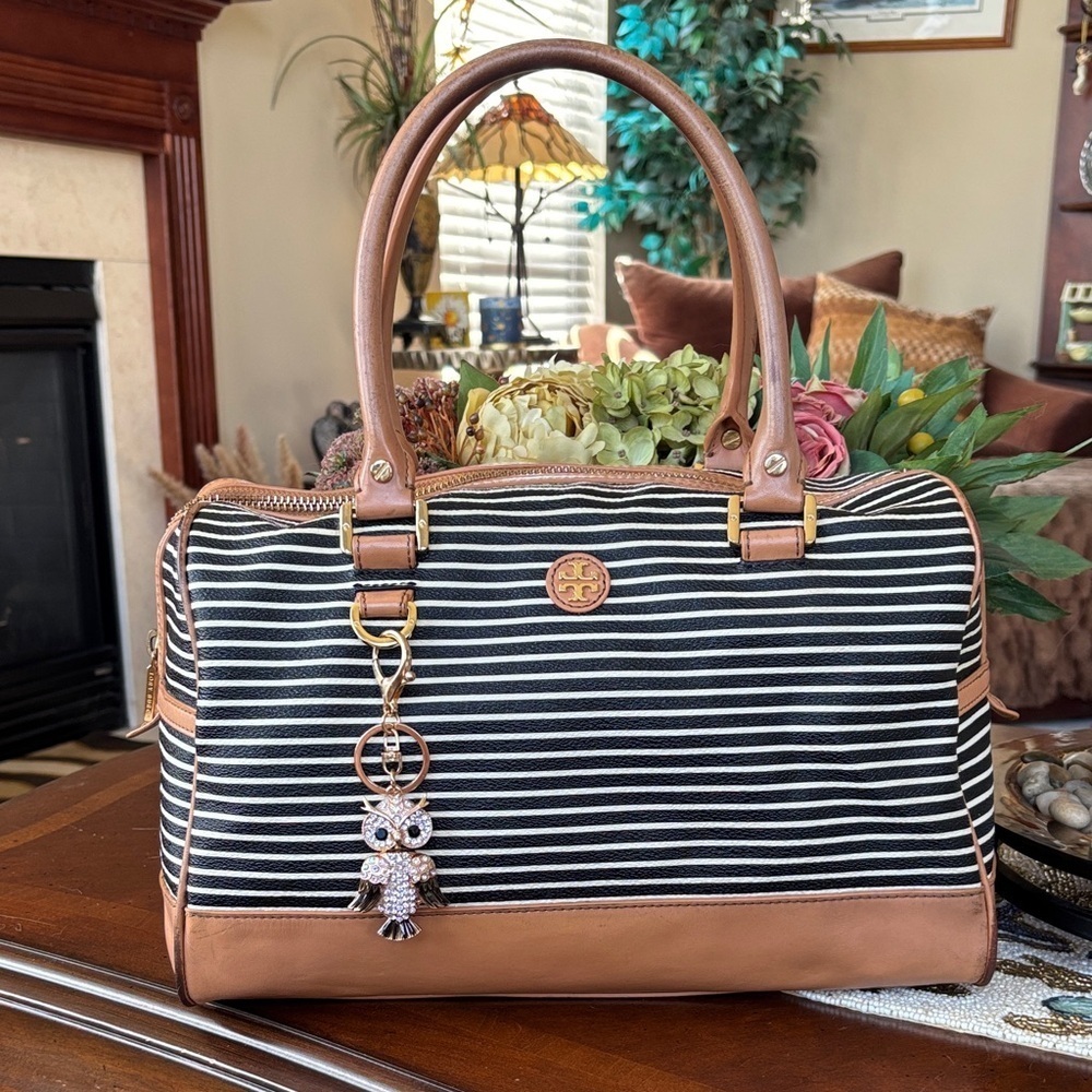 Tory Burch Viva Satchel Shoulder Bag Black White Stripes Tan Leather Trim Owl